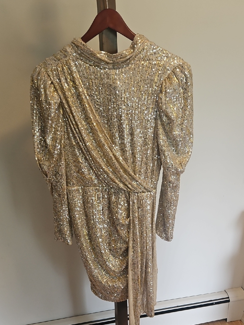 SAYLOR Womens Gold Sequin Draped Mini Dress Size M